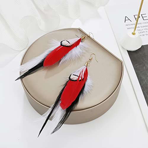 Long Bohemian Pheasant Feathers Statement Earrings Handmade Natural Lightweight Feather Dangle Earrings for Women (ea000067) - color: Red&Black