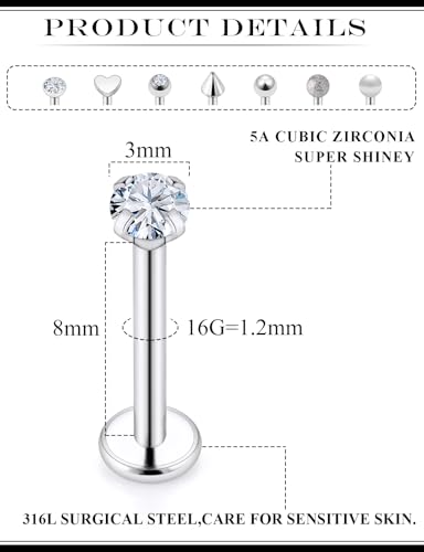 16G Flat Back Earrings Nose Studs 316L Surgical Steel Medusa Labret Monroe Lip Ring Tragus Forward Helix Conch Cartilage Lobe Earrings Stud Piercing Jewelry For Women Men 8MM Bar Length - color: Silver