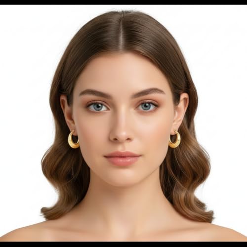 316L Chunky Stainless Steel Hoop Earrings, Fashionable Lightweight Hollow Open Hoops, Hypoallergenic Whtie Gold Plated Pipe Earrings for Women - style: 25mm, Yellow Gold