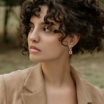 Women's Solitaire Dangle Drop Earrings 925 Sterling Silver Pure Square Huggie Earrings Hoop Dangle Drop Earrings Jewelry Gift - color: 07-ruby-Jul