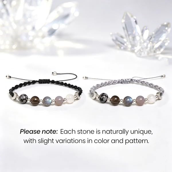 Moon Phases Crystal Healing Bracelet for Women, Adjustable Natural Stone Beaded Bracelet, Anxiety Stress Relief Self-Reminder Spiritual Jewelry, Spiritual Meditation Gift - color: Black