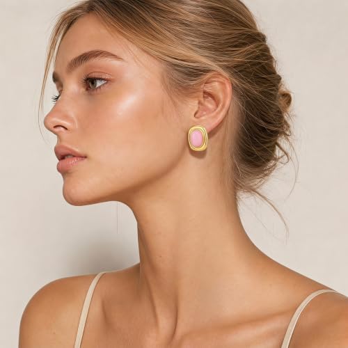 Chunky Gold Stud Earrings for Women 18K Gold Plated Hypoallergenic Chunky Statement Earrings Big Natural Crystal Stone Earring Gift for Women - color: Rose Quartz