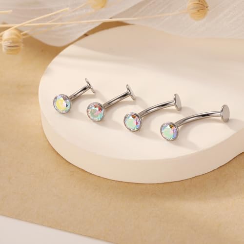 G23 Titanium Belly Jewelry 14G Flat Bottom Floating Belly Button Rings Curved Belly Barbell Navel Ring Belly Piercing 8/10/12/14mm Navel Rings Belly Piercings Jewelry for Women - color: Style1:Silver+AB CZ