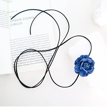 Black Choker Camellia Flower Lace-up Necklace For Women - color: Denim flower