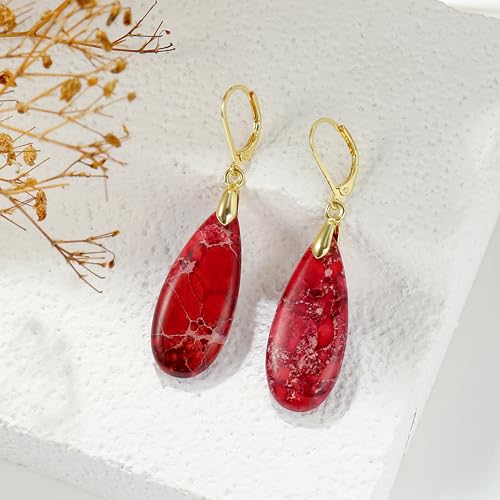 Natural Healing Teardrop Stone Leverback Dangle Drop Earrings Statement Gold earrings - color: Red -Gold