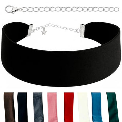 Velvet Choker for Women, Wide 1.5" 90s Ribbon Adjustable 12–18" with Stainless Steel Clasp, Soft Skin-Friendly Velvet — Black - color: Black