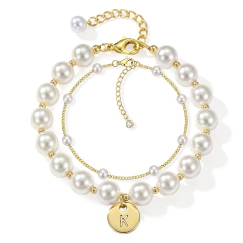 Fizzlup 2Pcs Pearl And Gold Initial Bracelet Set，Dainty Pearls Bracelets Jewelry for Women Wedding Prom Trendy Crystal Charm Cuff Stack Bead Linkbracelet Personalized Gift Stuff Letter - color: K