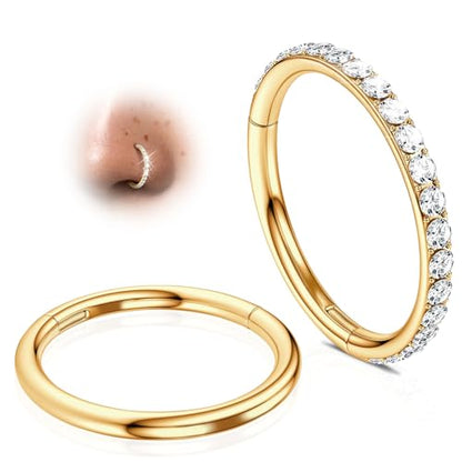 2Pcs Nose Ring Hoop Set: 14G 16G 18G 20G 316L Surgical Steel Septum Rings Hypoallergenic Body Jewelry 6/7/8/9/10/12MM Cartilage Earrings for Women Men - color: Gold-Single+Single CZ