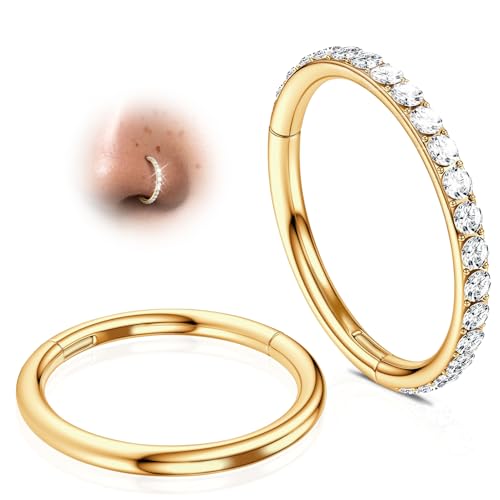 2Pcs Nose Ring Hoop Set: 14G 16G 18G 20G 316L Surgical Steel Septum Rings Hypoallergenic Body Jewelry 6/7/8/9/10/12MM Cartilage Earrings for Women Men - color: Gold-Single+Single CZ