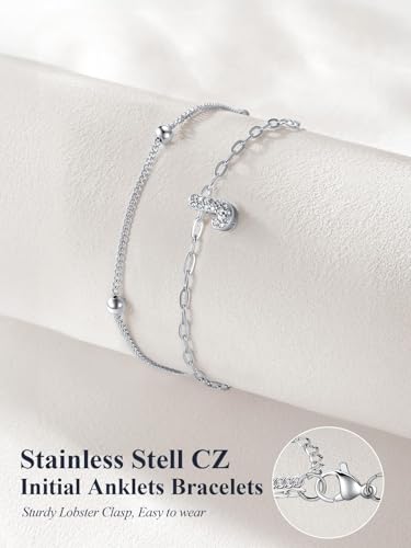 U7 Initial Ankle Bracelets for Women Silver/Gold Anklets Waterproof, 14K Gold Plated Layered Anklets Bracelet Stainless Steel Hypoallergenic 8.5"-10.5" - color: Silver-CZ, size: V