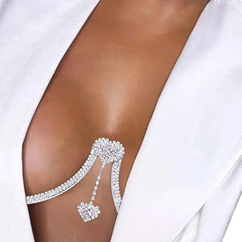 Rhinestone Chest Bracket Chain Trendy Crystal Heart Pendant Bra Chain Sexy Bikini Body Chain Jewelry for Women - color: Silver