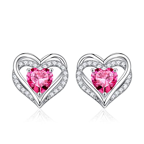 Iefil Birthstone Earrings for Women - 925 Sterling Silver Heart Stud Earrings Birthday Gifts for Women - color: 10-Oct-Created Pink Sapphire