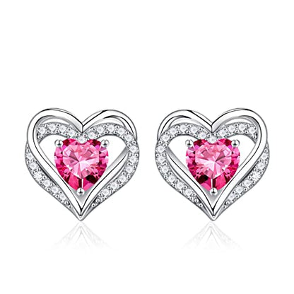 Iefil Birthstone Earrings for Women - 925 Sterling Silver Heart Stud Earrings Birthday Gifts for Women - color: 10-Oct-Created Pink Sapphire