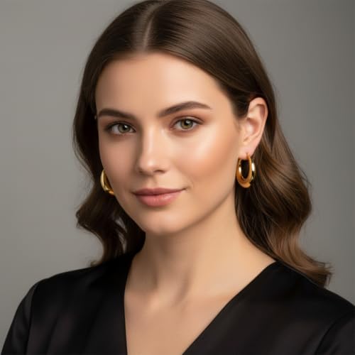 316L Chunky Stainless Steel Hoop Earrings, Fashionable Lightweight Hollow Open Hoops, Hypoallergenic Whtie Gold Plated Pipe Earrings for Women - style: 40mm, Yellow Gold