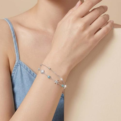 Midir&Etain Beach Anklet Sterling Silver Ocean Layered Rosary Anklet Turquoise Bracelet Double Chain Jewelry Summer Vacation Gift for Women Her - color: Starfish