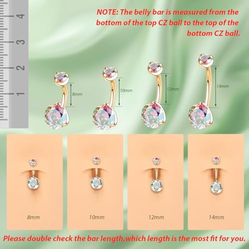 FUNLMO 14G Belly Button Ring Titanium Belly Button Piercing Belly Ring Internally Threaded Navel Piercing Jewelry - color: Gold-Aurora Borealis CZ
