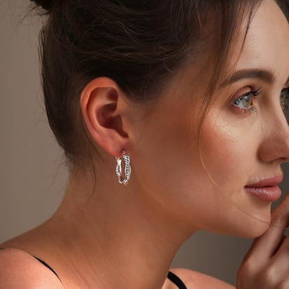 LeCalla Sterling Silver Hoop Earrings for Women | Lightweight Silver Chunky Hoop Earrings | Handmade Electroform Hollow Italian Design Click-Top Earrings Hoop - color: CZ Antique Texture