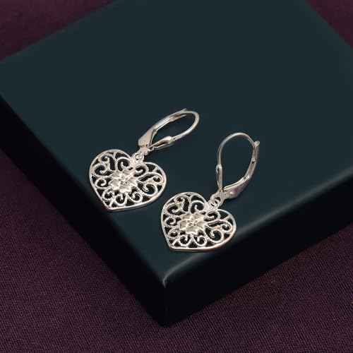 LeCalla 925 Sterling Silver Leverback Drop Earrings | Lightweight Italian Teardrop Dangle Earring for Women - color: Filigree Heart Drop