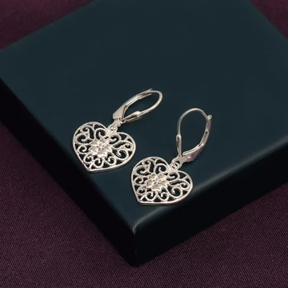 LeCalla 925 Sterling Silver Leverback Drop Earrings | Lightweight Italian Teardrop Dangle Earring for Women - color: Filigree Heart Drop