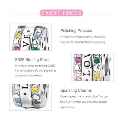 925 Sterling Silver Openable Clip Spacer Bead Fits Pandora Bracelet | Hypoallergenic Clip Stopper Charm, Star Clover Butterfly Floral Mom Heart Paved Zircon Gift for DIY Charm Bracelet Jewelry - color: LOVE Engraved Heart
