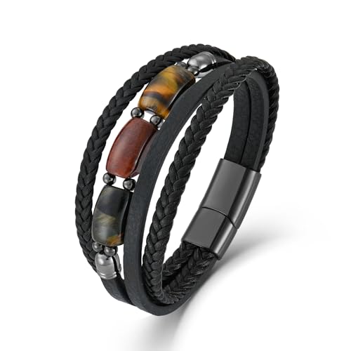 Mens Tiger Eye Leather Bracelet, Natural Tiger Eye Stone Multi-Layer Braided Cuff Bracelets for Men, Stainless Steel with Buckle Memorial Bangle Gifts for Him - color: Black1