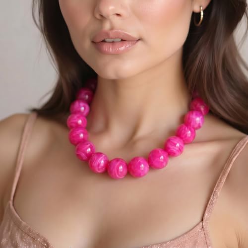 Multicolor Chunky Beaded Necklace, Statement Colorful Round Ball Beads Choker Necklace with Gold-Tone Adjustable Chain, Fashion Bold Neck Jewelry for Women - color: 20MM-Magenta