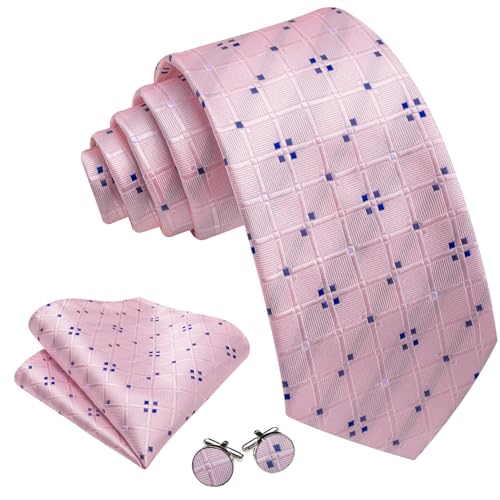 YOHOWA Men Plaid/Striped Ties Clip Set Silk Necktie Pocket Square Cufflinks | Woven Classic,Formal/Casual Mens Tie,Pocket Square Cufflinks Set,Luxury,Business,Wedding,Party,Prom,Graduation - color: Blush Pink a
