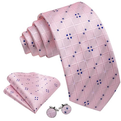 YOHOWA Men Plaid/Striped Ties Clip Set Silk Necktie Pocket Square Cufflinks | Woven Classic,Formal/Casual Mens Tie,Pocket Square Cufflinks Set,Luxury,Business,Wedding,Party,Prom,Graduation - color: Blush Pink a