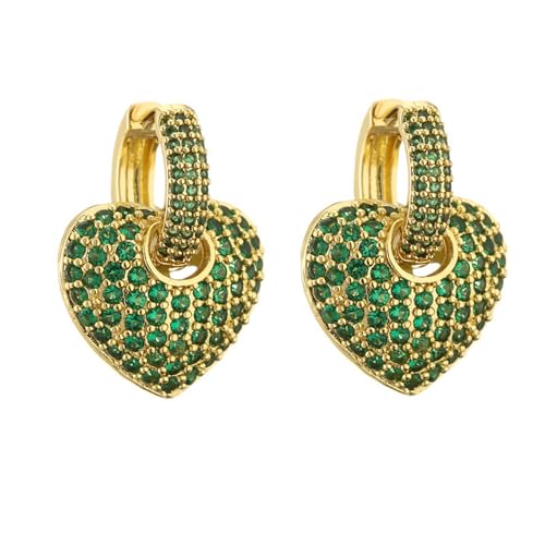 Crystal Heart Hoop Earrings for Women Dainty Fashion Heart Huggie Earrings Colourful Sparkly Crystal 14k Gold Love Heart Dangle Drop Earrings Valentine’s Day Statement Jewelry Gifts - color: Green