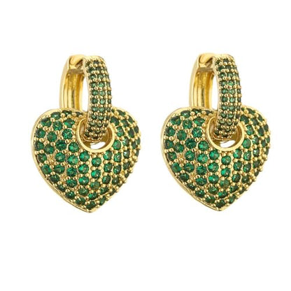 Crystal Heart Hoop Earrings for Women Dainty Fashion Heart Huggie Earrings Colourful Sparkly Crystal 14k Gold Love Heart Dangle Drop Earrings Valentine’s Day Statement Jewelry Gifts - color: Green