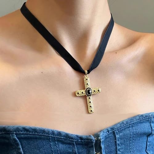 Gothic Velvet Choker Black Rhinestone Cross Pendant Necklace for Women Punk Vintage Suede Ribbon Collar Cubic Zirconia Crucifix Charm Adjustable Halloween Party Witch Cosplay Accessories Goth Jewelry