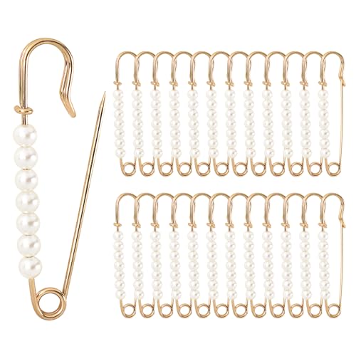 Faux Pearl Brooch Pins, 10pcs 2.76inch Sweater Shawl Clip Safety Pins with 7pcs Pearl Beads for Women Clothing Dress Pants Skirt Waist Pants Extender Dressing Accessories (Gold)