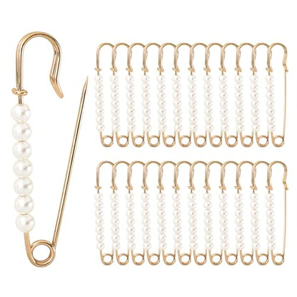 Faux Pearl Brooch Pins, 10pcs 2.76inch Sweater Shawl Clip Safety Pins with 7pcs Pearl Beads for Women Clothing Dress Pants Skirt Waist Pants Extender Dressing Accessories (Gold)