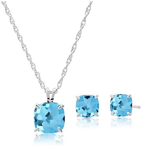 MAX + STONE 14k Gold Plated or Sterling Silver Cushion Cut Gemstone Stud Earrings and Pendant Necklace for Women with 6mm and 8mm Birthstones 18 Inch Chain and Push Backs Jewelry Set - style: Sterling Silver|Genuine Swiss Blue Topaz