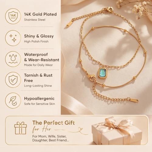 Waterproof Gold Plated Layered Anklets for Women Daisy/Herringbone/Heart Charm/Bead Chain Non Tarnish Stainless Steel Summer Foot Jewelry Gift for Her, with Gift Box - color: 2. square stone+ beaded chain