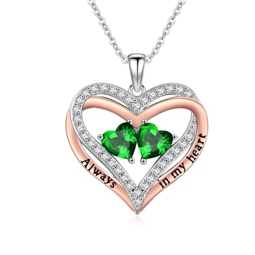Heart Birthstone Necklace for Women 14K Rose Gold/White Gold Filled Overlapping Double Hearts Pendant Anniversary Valentine's Day Birthday Mother's Day Christmas Gifts for Wife Mom Daughter Her - color: 05-05-May-May Birthstone-A, style: Double-Layered Lo