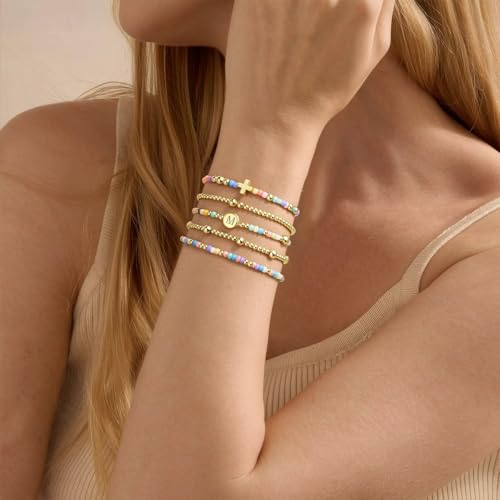 M MOOHAM Bracelets for Girls - 5PCS Colorful Beaded Bracelets Cross Bracelet Disc Letter A-Z Initial Bracelet Stretch Stackable Bracelet Set for Women Girls, Birthday Gift Christian Jewelry - color: B