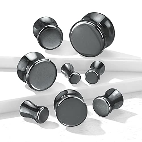 Hematite Natural Stone Ear Plugs - Pair of Double Flare Stone Ear Gauges - 8 Size Options