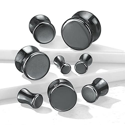 Hematite Natural Stone Ear Plugs - Pair of Double Flare Stone Ear Gauges - 8 Size Options