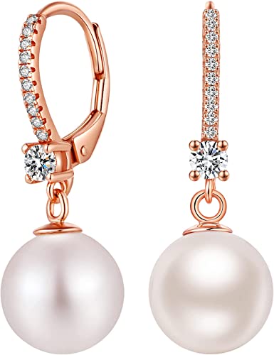 Pearl Dangle Drop Earrings for Women 925 Sterling Silver Pearl Leverback Earrings Cubic Zirconia Pearl Dangling Earrings 10MM - color: 3. Rose Color10mm
