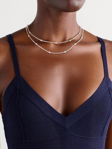 FOCALOOK Choker Necklace for Women, Double Layered Boho Beaded Choker Chain | Dainty 14K Gold Plated/Silver/Black Metal, Simple Small Satellite Beaded Chain Necklace, Hypoallergenic for Everyday Wear - color: 01.2-Layered Satellite Beads-Silver