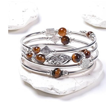 Boho Wrap Beaded Bracelet for Women – Handmade Natural Stone Jewelry – Stainless Steel Adjustable Ethnic Chic Gift - color: Tiger Eye