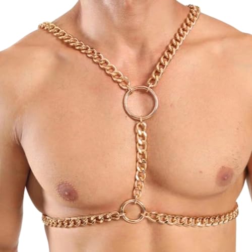 Punk Metal Link Chain Bra Body Jewelry Sexy Long Crossover Harness Circle Body Chain Festival Bikini Waist Chain Body Jewelry for Men Women - color: Gold