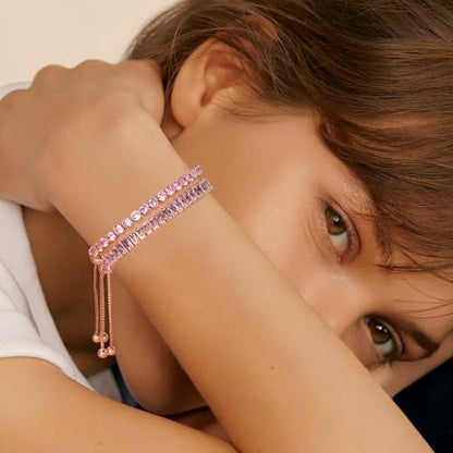 4 Pcs Tennis Bracelet Set Silver Plated Marquise Cubic Zirconia CZ Diamond Dainty Adjustable Silver Bracelets for Women Brides Stackable Fashion Jewelry Wedding Prom Gift - color: Pink-3PCS Tennis Bracelet Set