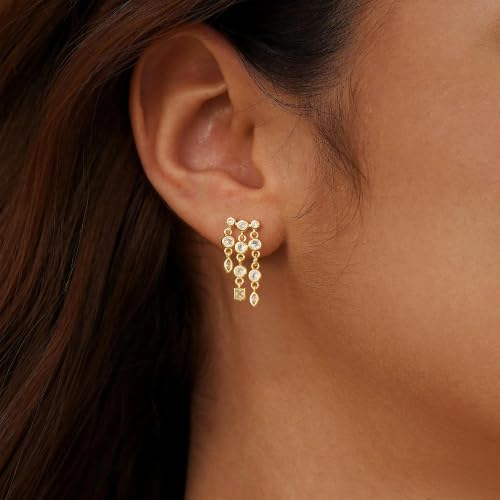 14K Gold Plated Dangle Earrings for Women, Dainty Hoop Huggie Studs, Long Hanging Tassel Chain Multi Pierced Ear Stacking Jewelry Gifts - color: CZ Dangle-Gold