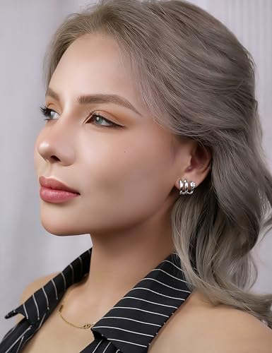 FAN&LOUIS Clip On Earrings Women, Gold Silver Triple Huggie Stud Clip-on Earrings Cubic Zirconia|Double Huggie Hoop Gold Hoop Earrings Clips for Women Trendy Lightweight - style: Silver