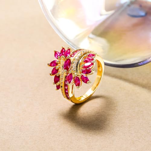 Statement Flower Ring Cocktail Leaf Ring Birthstone Anniversary Signet Ring | Hypoallergenic|14K Gold Plated|Sterling Silver Sparkling Engagement Promise Party Ring for Women, Size 6 to 10(With Box) - color: Leaf - Ruby