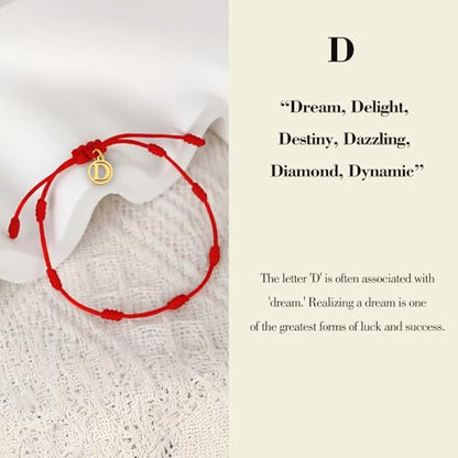 Red String Bracelet with Initial Letter and 7 Protective Knots – Adjustable Kabbalah Bracelet for Women & Men, Personalized Good Luck Charm for Positive Energy - color: D