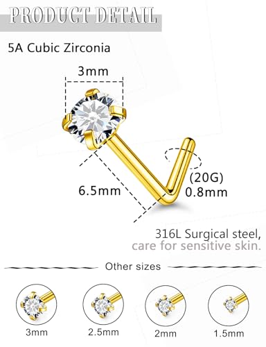 18G 20G 14K Gold Filled Nose Rings Studs Piercing Jewelry For Women Men 316L Surgical Steel Round Square Cubic Zirconia Nose Rings Studs Nostrial Piercing Jewelry CZ 1.5mm 2mm 2.5mm 3mm - color: 14K Gold Plated, size: 20 Gauge-L Shaped-Round CZ