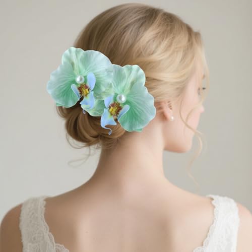 Bohemian Artificial Orchid Hair Clips, 2 Pack Floral Alligator Barrettes, Hawaiian Style Hairpins, 3.54 inch Pearl Decorated Flower Accessories Summer Beach Wedding Floral Headwear (Mint green) - color: Mint green